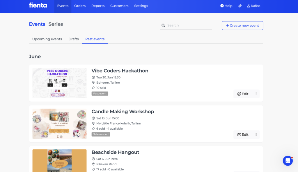 Fienta organizer dashboard showing Kafeo events in Tallinn with ticket sales